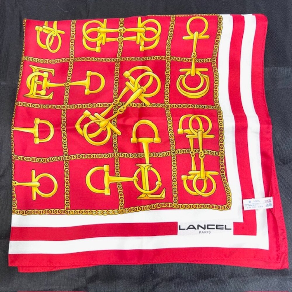 New Unused Lancel Paris 100% Silk Satin Scarf 23" red white gold chain (77 - Picture 3 of 7